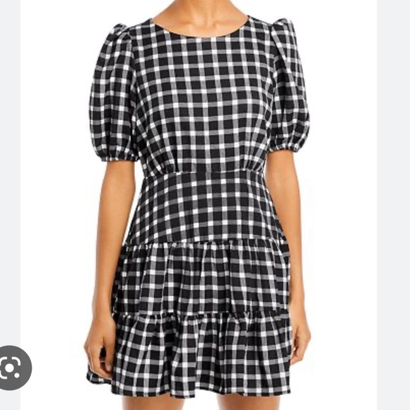 Aqua Plaid Puff Sleeve Mini Dress - Picture 1 of 6